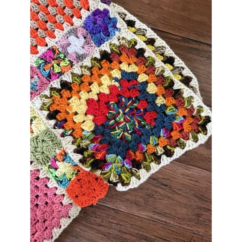 Vintage Multicolored Granny Square Afghan Throw Blanket 61 x 61.